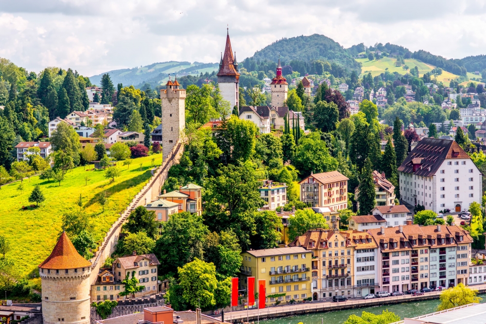 An aerial view of the Old Town Wall in Lucerne, Switzerland.